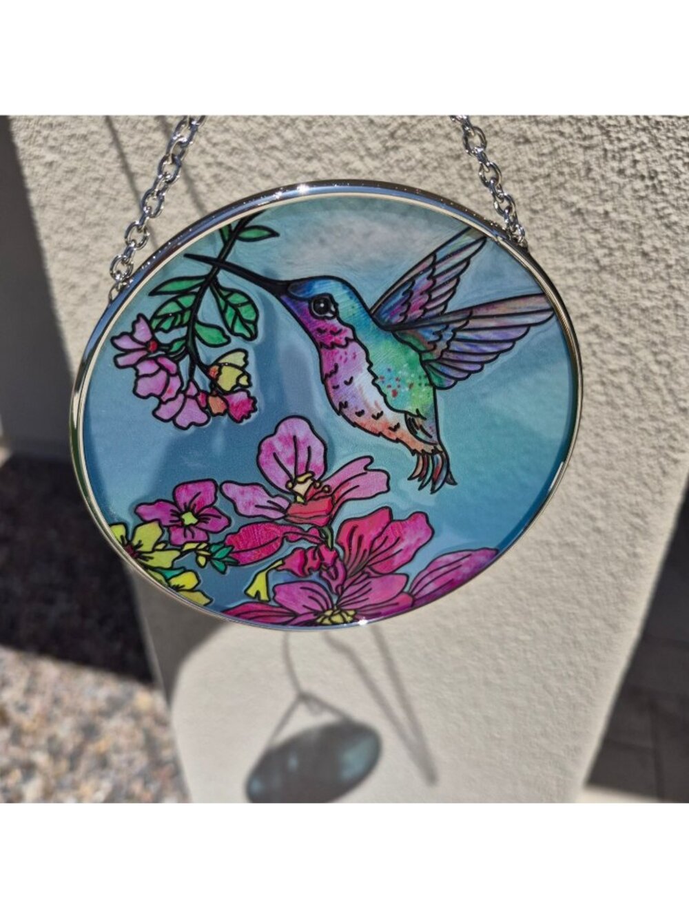 Handcrafted Bridgeton Hall Hummingbird Suncatcher Chain Vibrant Glass Window